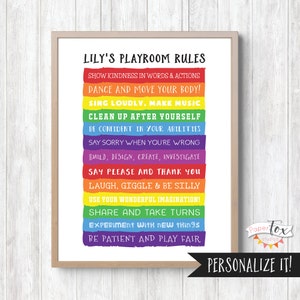 May include: A printable poster with a rainbow background and the text "LILY'S PLAYROOM RULES" in black. The rules are listed in a column on the right side of the poster, with each rule written on a different colored stripe of the rainbow. The rules are: Show kindness in words and actions, Dance and move your body!, Sing loudly, make music, Clean up after yourself, Be confident in your abilities, Say sorry when you're wrong, Build, design, create, investigate, Say please and thank you, Laugh, giggle & be silly, Use your wonderful imagination!, Share and take turns, Experiment with new things, Be patient and play fair.