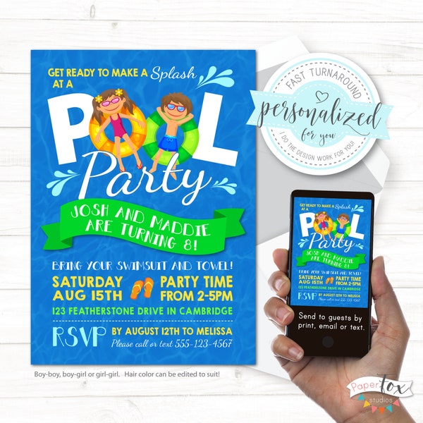 Pool Party Birthday Invitation, For GG, BB, BG Twins or Joint Co-ed birthday party (any ages), Hair color can change - For print/email/text