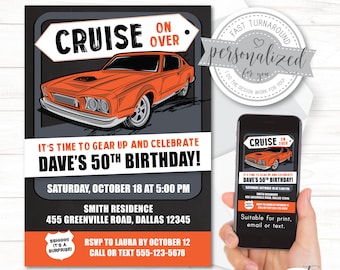 ANY age, 50th birthday for men, 40th birthday, 60th, Surprise OR No Surprise, Vintage Car, Classic Car, Muscle Car, For print/email/text