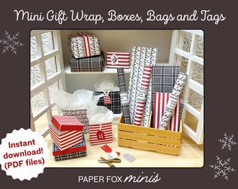 Druckbares Miniatur-Puppenhaus-Weihnachtsgeschenkpapier, Anhänger, Taschen und Kartons, Puppenhaus und Dioramen, Maßstab 1:12, druckbare Dekoration.