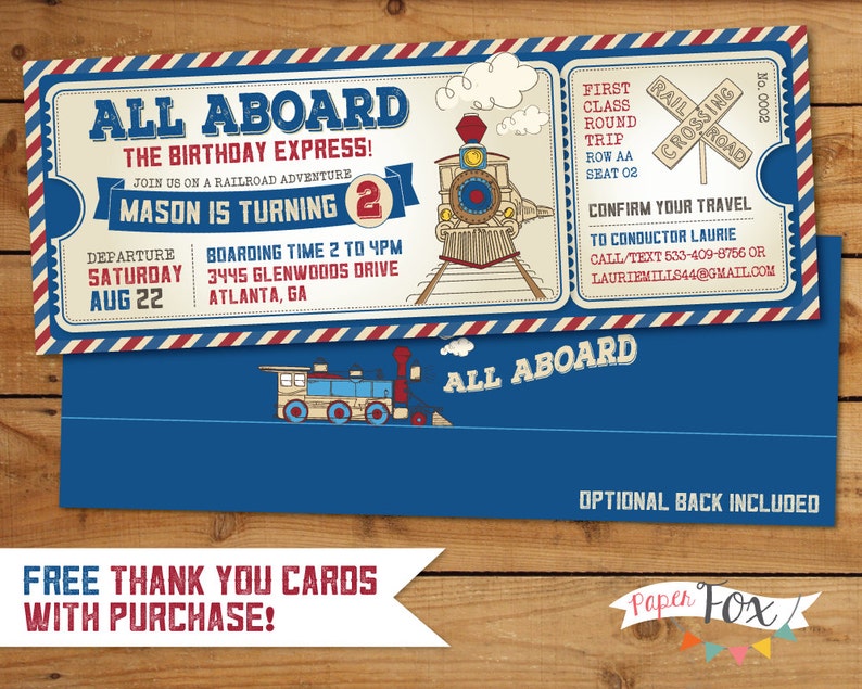May include: A blue and red train ticket invitation for a birthday party. The invitation says "All Aboard The Birthday Express!" and features a cartoon train with the text "Mason is turning 2". The invitation includes details for the party, including the date, time, and address.