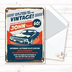 TOUT âge, faire-part 60e, 70e, 65e, etc., faire-part d'anniversaire pour homme avec une voiture de collection. Numérique pour impression/courriel/texte.