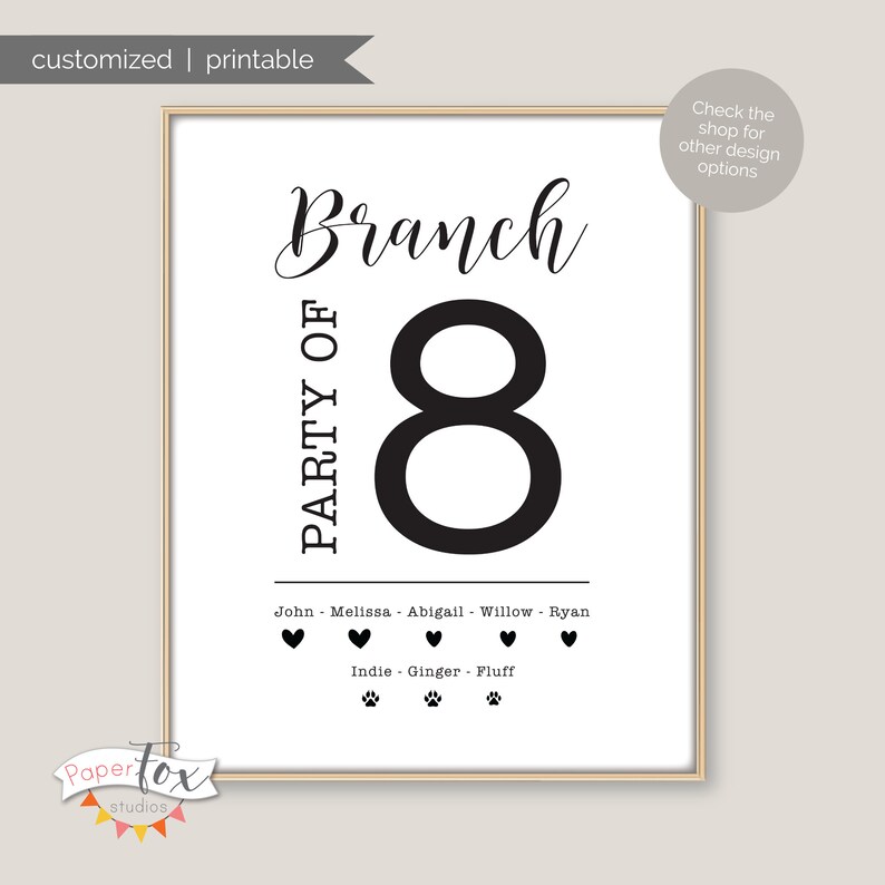 Personalized 'party of' printable sign featuring your last name, first names and dog/cat paw prints and names, Custom, Printable file JPG image 3