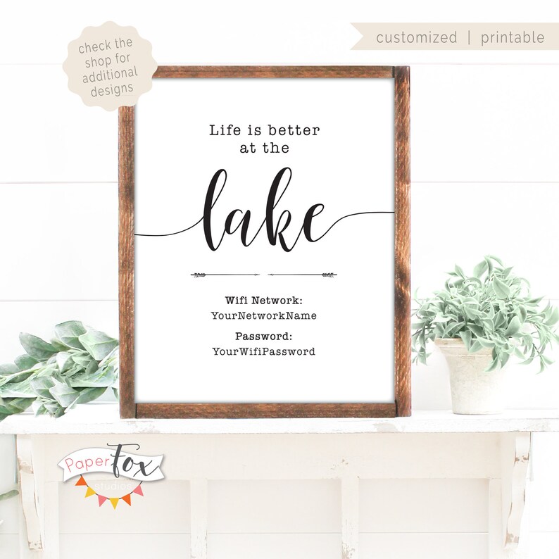 Customized Wifi Sign (Printable) for your Lake House Featuring Your Wifi Network and Password, Three Sizes Available, Digital (JPG) image 2