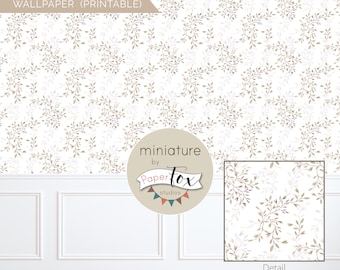 Papel tapiz imprimible para casa de muñecas en miniatura, con estampado floral neutro (JPG y PDF, tamaños Carta y A4), escala 1:12