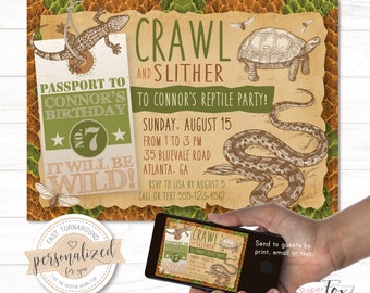 May include: A green and brown invitation for a reptile themed birthday party. The invitation features a snake, a turtle, and a lizard. The text on the invitation reads "Crawl and Slither to Connor's Reptile Party!"  It will be wild!  Sunday, August 15 from 1 to 3 pm. 35 Bluevale Road, Atlanta, GA. RSVP to Lisa by August 5. Call or text 555-123-4567.