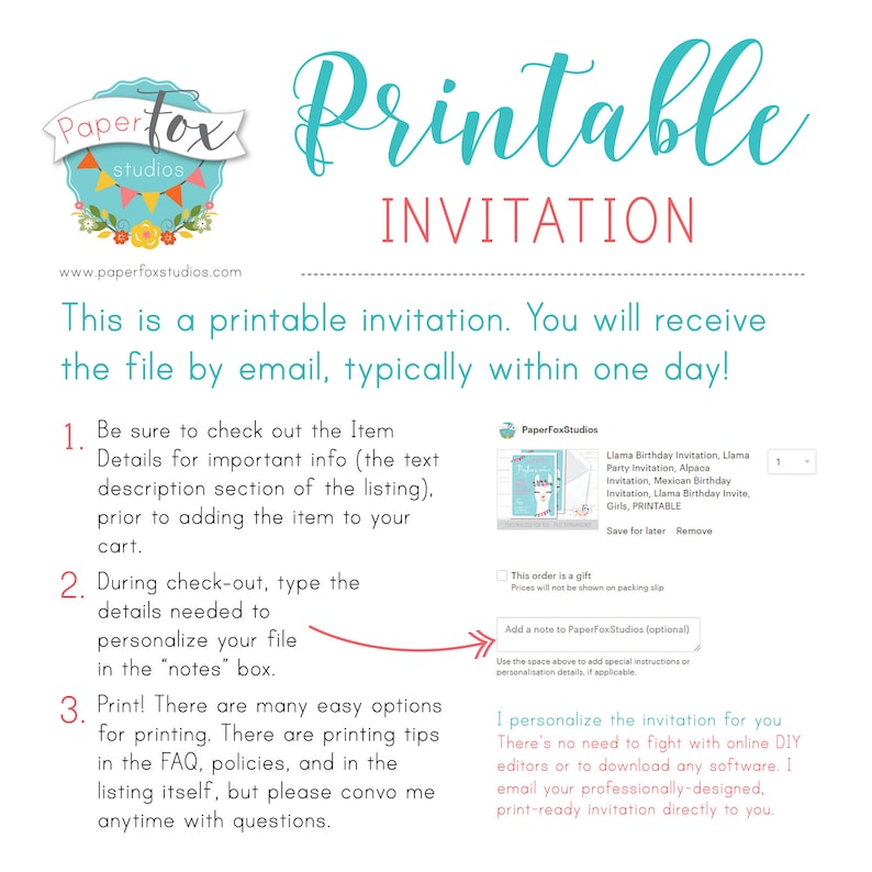 May include: A printable invitation template with a llama illustration. The text reads "Printable Invitation" and includes instructions for customizing and printing the invitation. The text also says "This is a printable invitation. You will receive the file by email, typically within one day!"