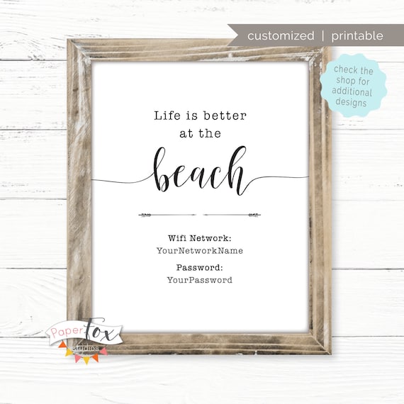 Customized Wifi Sign (Printable) for your Beach House Featuring Your Wifi Network and Password, Three Sizes Available, Digital (JPG)