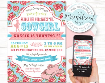 Cowgirl birthday invitation in pretty vintage style, Party Invite for girls, For print/email/text, Decorations also available