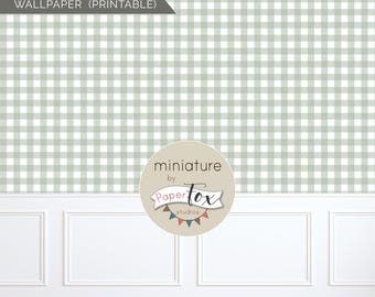 Dollhouse Miniature Wallpaper Printable, Sage Green Plaid (JPG und PDF, US Letter und A4 Größen), Maßstab 1:12