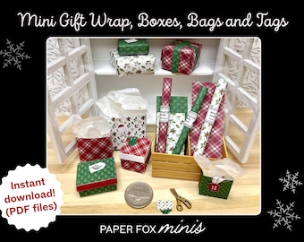 Miniatur-Weihnachtsgeschenkpapier, Anhänger, Taschen und Schachteln, Puppenhaus und Diorama-Minis, 1:12 druckbare Miniaturdekoration.