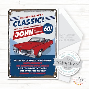 TOUT âge, Faire-part 60e anniversaire, 70e, 65e anniversaire, etc., Faire-part pour homme mettant en vedette une voiture de collection, Surprise ou pas, Pour impression/email/texto