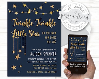 Twinkle Twinkle Little Star Baby Shower Invitation, Digital invitation for print/email/text