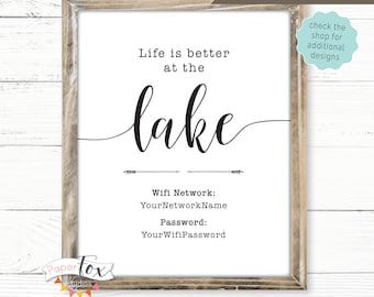 Customized Wifi Sign (Printable) for your Lake House Featuring Your Wifi Network and Password, Three Sizes Available, Digital (JPG)
