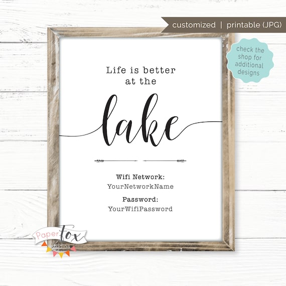 Customized Wifi Sign (Printable) for your Lake House Featuring Your Wifi Network and Password, Three Sizes Available, Digital (JPG)