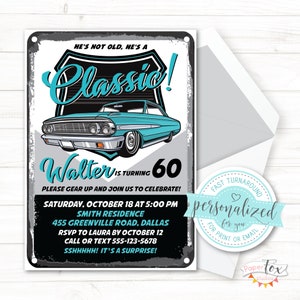 TOUT âge, faire-part 60e, 70e, 65e anniversaire, etc., faire-part voiture classique pour homme, à imprimer/envoyer par e-mail/texte (soirée surprise ou sans surprise).