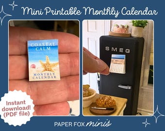 Printable miniature calendar featuring calming coastal images (12 months plus cover), DIY Dollhouse and diorama decor, 1:12 scale