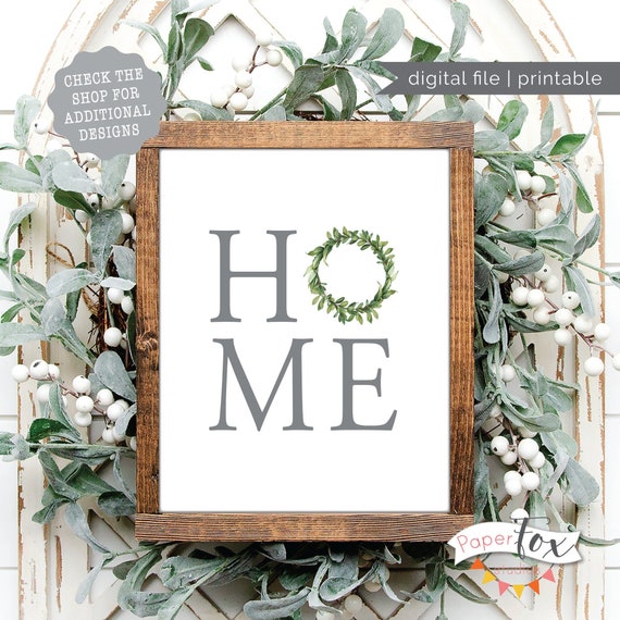 Farmhouse Printable Wall Art, Featuring the word "home" with a watercolor boxwood wreath, Instant Download
