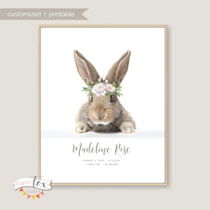Nombre del bebé y estadísticas de nacimiento con conejito floral. Archivo digital imprimible (JPG), personalizado, varios tamaños.