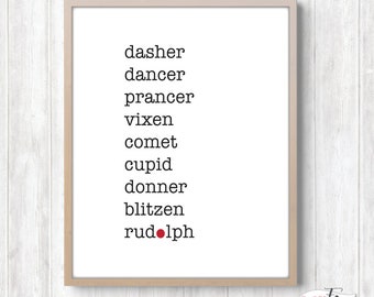 May include: A framed print with a white background and black text listing the names of Santa's reindeer: Dasher, Dancer, Prancer, Vixen, Comet, Cupid, Donner, Blitzen, and Rudolph. The word "Rudolph" has a red dot. The frame is light brown.