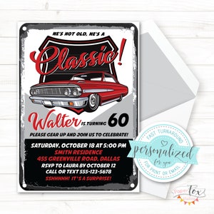 TOUT âge, faire-part 60e, 70e, 65e anniversaire, etc., Faire-part voiture classique pour homme. Pour impression/courriel/texte (soirée surprise ou sans surprise).