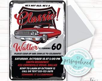 ANY age, 60th birthday invitation, 70th, 65th, etc., Classic car invitation for men. For print/email/text (Surprise party or no surprise).