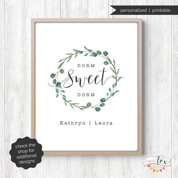 Personalized dorm room decor (printable JPG file) customized with roommates' names. "Dorm Sweet Dorm"