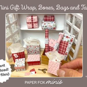 May include: Miniature gift wrap, boxes, bags, and tags in various patterns and colors. Includes pink boxes, red and white patterned paper rolls, and small gift bags. The text "Mini Gift Wrap, Boxes, Bags and Tags" is at the top.