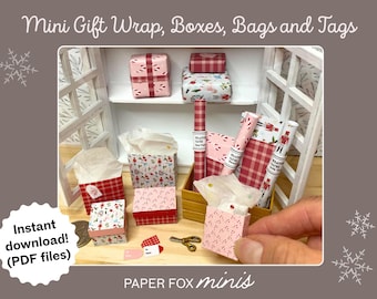 Miniatur-Weihnachtsgeschenkpapier, Anhänger, Taschen und Schachteln, Puppenhaus und Diorama-Minis, 1:12 druckbare Miniaturdekoration.