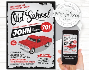ANY age, 60th, 80th, 70th birthday invitation, Invitation for Men, Vintage Truck, Surprise OR No Surprise, Digital file for print/email/text