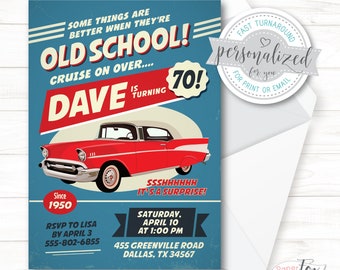 May include: A retro-style birthday invitation with a red classic car illustration. The invitation features the text "Old School!" and "Dave is turning 70!" on a blue background. Includes event details and RSVP information.