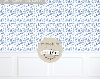 1:12 Scale Dollhouse Wallpaper, Nautical Seaside Pattern (JPG and PDF, Instant Download, US Letter, A4)