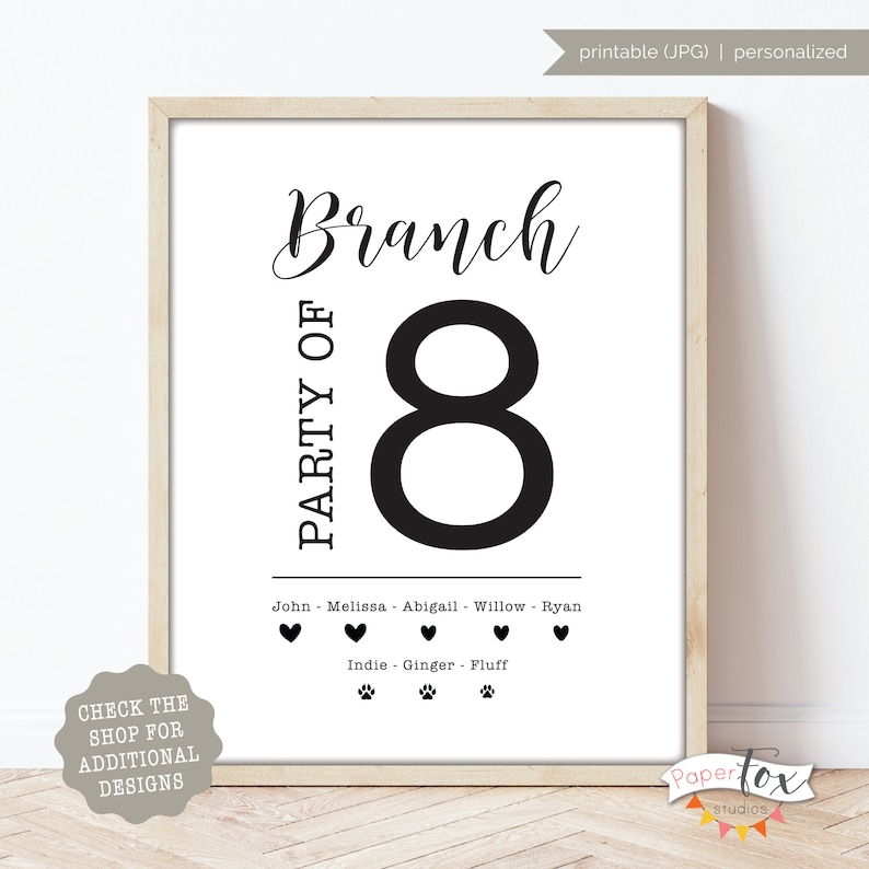 Personalized 'party of' printable sign featuring your last name, first names and dog/cat paw prints and names, Custom, Printable file JPG image 4