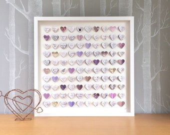 Modern guest book framed wall art- lilac lavender and dusty pink - 100 hearts - large guest book - wedding guest book alternative