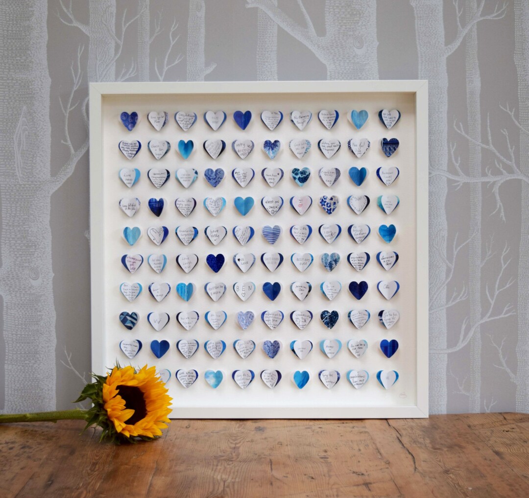 Wedding Guest Book Framed Wall Art Blue Wedding Guestbook 100 Hearts