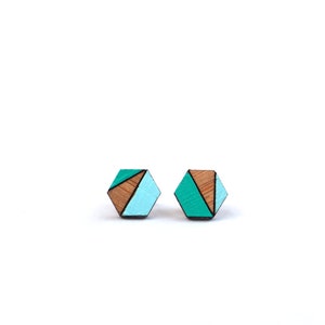 Hexagon Earring Studs - Hexagon Wooden Earrings - Geometric Earrings - Bamboo Stud Earrings - Mint Green & Aqua