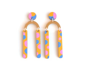 Fun Dots Wooden Drop Earrings  - Handpainted Wood Earrings - Modern Earrings - Mustard Yellow