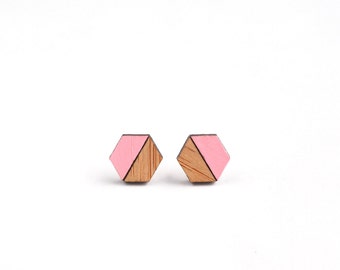 Baby Pink Hexagon Earring - Hexagon Wooden Earrings- Geo Wood Earrings