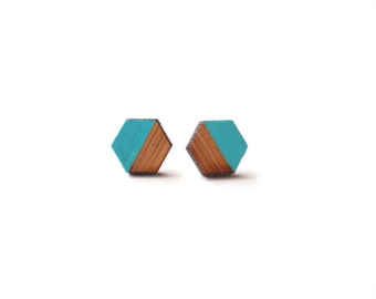 Teal Hexagon Earring  - Geometric Wooden Earrings - Teal Earring Studs - Modern Earrings - Minimalist