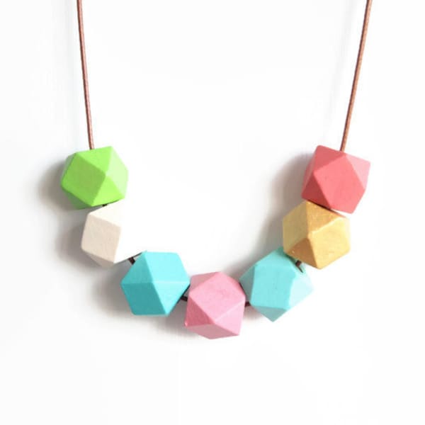 Geometric Necklace -  Hand Painted Wooden Bead Necklace - Geometric Jewelry - Geo Necklace - Mint Pink Gold