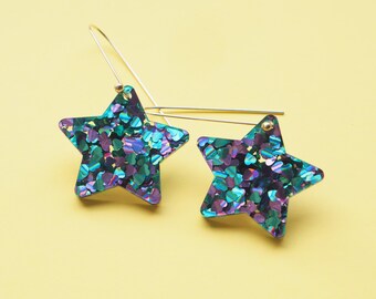 Star Dangles - Sterling Silver Dangle - Peacock Glitter Star Dangles