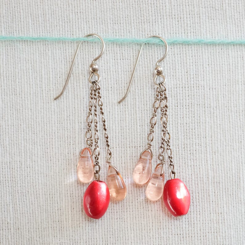 Beet-dyed mother of pearl and pink drop bead earrings image 1