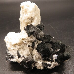 May include: A cluster of black crystals on a white mineral matrix. The crystals are sharp and well-defined, with a glossy finish. The matrix is rough and textured.