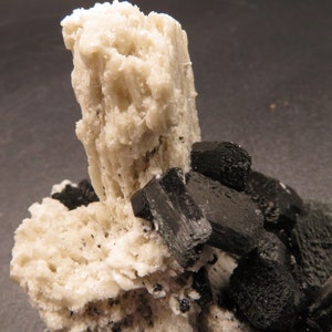May include: A cluster of white and black crystals. The white crystals are tall and slender, while the black crystals are shorter and more blocky.