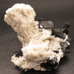 May include: A cluster of black crystals embedded in a white, rocky matrix. The crystals are sharp and angular, while the matrix is rough and textured.