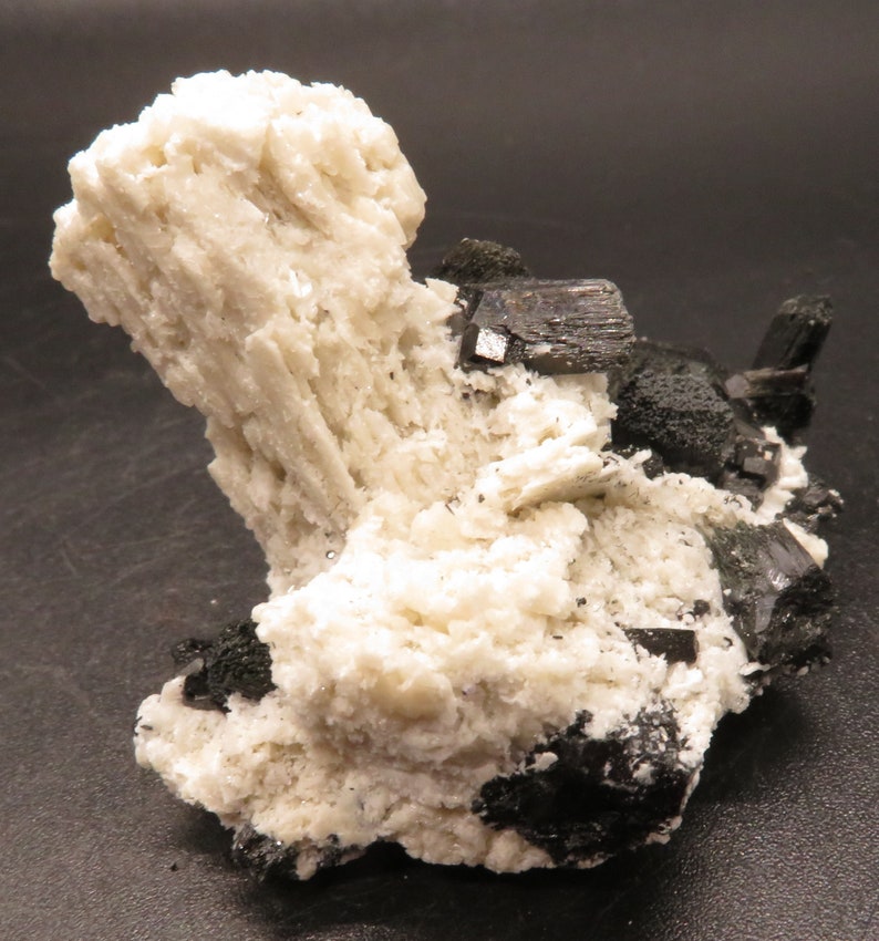 May include: A cluster of black crystals embedded in a white, rocky matrix. The crystals are sharp and angular, while the matrix is rough and textured.