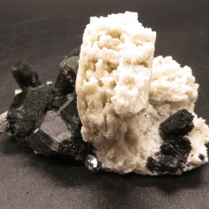 May include: A cluster of white, spiky crystals with black, shiny crystals growing around them. The white crystals are clustered together in a rounded shape, while the black crystals are more spread out.