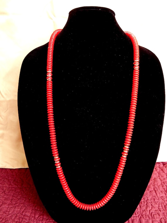 Red & Gold Long Trendy Necklace, Vintage 1970's