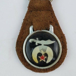 Vintage Masonic Shriners leather keychain keyring metal back Brown