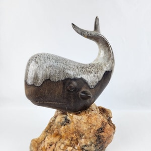 Hand Made Ceramic Glaze Whale statue on Quartz Stone Base 10&quot; tall signed